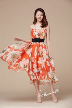 32 Colors Orange Flowers Chiffon Skirt Long Maxi Sundress Beachdress Holiday Dress Women Summer Pleat Dress Beach Skirt Plus Size Dresses YM019 Detail Info: ❤ Color: orange flower as picture More color choice, https://www.etsy.com/listing/213656440/chiffon-dress-color-card?ref=shop_home_feat_1 ❤ Material: Chiffon Waist 60-100cm, the length is from waist line to bottom hem, Please choose the length according to your height and note your waist size with order. ❤ Care: machine wash cold and gentle, Casual Chiffon Maxi Dress Beach Cover-up, Chic A-line Chiffon Dress For Beach, Chiffon A-line Beach Dress, Chiffon Maxi Dress For Day Out In Summer, Summer Chiffon Maxi Dress For Day Out, Chiffon A-line Maxi Dress For Vacation, Spring Beach A-line Maxi Dress, Flowy Chiffon Dress For Summer Day Out, Summer Chiffon Midi Dress For Day Out