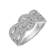 This Keepsake diamond-accent anniversary ring is set in sterling silver. This ring features eight round diamonds (I-J, I2-I3) placed within a multi-row woven design. A milgrain finish completes the look. This charming diamond band can be stacked with other rings in your jewelry collection or worn alone to show your style. This diamond band makes a beautiful gift for an anniversary or any special occasion. Size: 5.  Color: White.  Gender: female.  Age Group: adult. Elegant Jewelry Decorative Promise Ring, Elegant Decorative Band Promise Ring, Elegant White Gold Rings With Decorative Band, Elegant Anniversary Jewelry With Decorative Band, Elegant Silver Diamond Ring For Anniversary, Silver Diamond Promise Ring With Single Cut, Silver Diamond Promise Ring With Single Cut Diamonds, Classic Silver Rings With Diamond Accents, Elegant Silver Rings With Diamond Accents