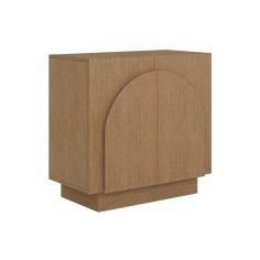 a wooden cabinet with an arched door on the front and side panels in light brown