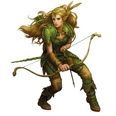 a woman dressed in green holding a bow and arrow with her hands behind her back