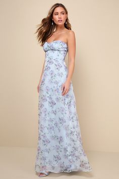 The Lulus Chic Preciousness Light Blue Floral Organza Bustier Maxi Dress is ready to help you frolic through the season in beautiful style! This spring-approved woven organza dress boasts a lovely floral print throughout as it shapes a strapless, bustier-inspired bodice (with hidden no-slip strips and supportive side boning) and romantic sweetheart neckline. The high, fitted waist tops a flowy, A-line skirt that cascades down to a sweeping maxi hem. Hidden back zipper/clasp. Fit: This garment fi Blue Floral Floor Length Dress, Blue Floral Gown, Moh Dress, Floral Prom Dress, Latest Dress Styles, Organza Gown, Blue Floral Maxi Dress, Organza Gowns, Floral Bridesmaid Dresses