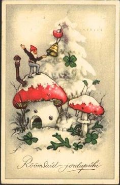 a card with an image of mushrooms and people on top of the mushroom house in snow