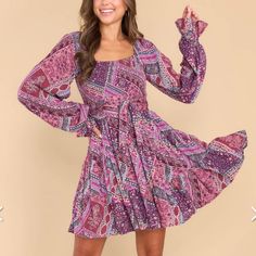 Red Dress Boutique-Purple Mini Dress Size Medium Purple Long Sleeve Printed Dress, Purple Printed Long Sleeve Dress, Bohemian Purple Mini Dress, Purple Bohemian Mini Dress, Casual Flowy Purple Dress, Purple Floral Print Knee-length Mini Dress, Casual Purple A-line Mini Dress, Flowy Long Sleeve Mauve Dress, Purple Printed Fall Dress