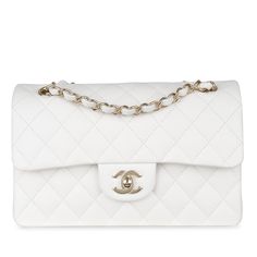 Chanel White Bag, White Chanel Bag, Champagne Gold Hardware, Chanel White, Chanel Flap Bag, Classic Flap Bag, White Handbag, Cc Logo, Bag Brand