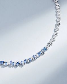 Bold Burst Light Blue Sapphire Tennis Necklace | Suzanne Kalan® Light Blue Diamond Necklace, Luxury Blue Baguette Diamond Jewelry, Fine Jewelry With Blue Baguette Diamonds, Fine Jewelry Blue Baguette Diamonds, Blue Diamond Jewelry With Baguette Diamonds, Fine Jewelry Sapphire With Baguette Diamonds, Tennis Necklace With Baguette Diamonds As A Gift, Elegant Blue Tennis Necklace As A Gift, Formal Gemstone Tennis Necklace