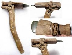 four different views of an old hand holding a knife and sheathed in with rope