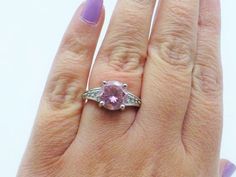 Vintage Solid Sterling Silver Pink and Clear Stones Engagement Ring, 1960s, Good Condition, Size 7, Fine Jewelry Pink Ring Stamped 925, Pink Fine Jewelry Ring Stamped 925, Pink Wedding Ring Stamped 925, Pink Sterling Silver Ring With Stone Setting, Pink Sterling Silver Rings For Weddings, Vintage Pink Diamond Ring Hallmarked, Vintage Pink Diamond Ring With Hallmark, Pink Crystal Ring With Accent Stones, Round Cut, Pink Round Cut Crystal Ring With Accent Stones