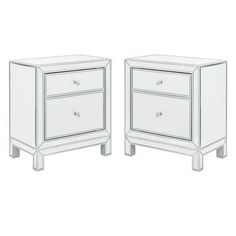 two white nightstands with mirrored drawers on each side and one drawer in the middle