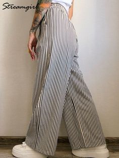 Streamgirl Wide Leg Women Striped Pants Autumn Black White Summer Loose Casual High Waist Trouser Straight Pants Women, Leg Women, Striped Pant, Loose Pants, Pant Style, Pants Women, High Waisted Trousers, White Summer, Striped Pants