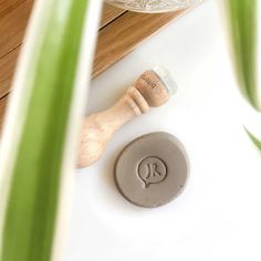 a rubber stamp sitting on top of a table next to a potted plant