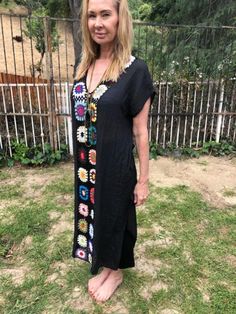 "Long semi sheer dress, swimsuit cover up, dress,black, Medium,large Really beautiful and unique with hand knit colorful squares down the front Measurements: Chest 49\" Waist 49\" Hips 50\" Length 49\" Excellent condition NK709b4 390f2 Long semi sheer dress, swimsuit cover up, dress,black, Medium,large" Black Spring Festival Cover-up, Black Beach Dress As Cover-up, Black Beachwear Dress For Beach Cover-up, Black Maxi Length Dress For Beach Party, Black Maxi Beach Dress For Spring, Black Maxi Beach Dress For Beach Party, Black Long Summer Cover-up, Black Beachwear Dress For Beach Party, Casual Long Black Cover-up