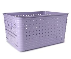 a purple plastic basket with holes on the sides and handles is shown in front of a white background