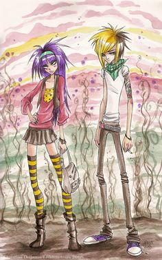 two anime characters standing next to each other in front of a field with grass and flowers