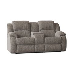 the double reclining loveseat with two seats in grey fabric, on a white background