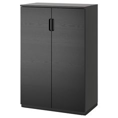 a black cabinet with two doors on it