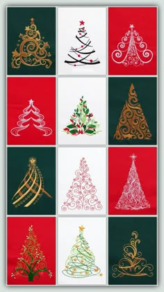 twelve christmas trees in different colors and designs on red, black, green, white and gold