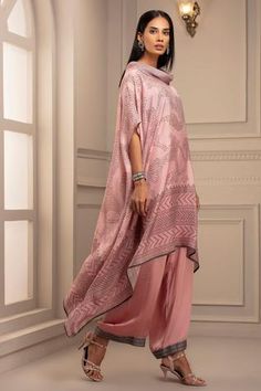 Shop for Rajdeep Ranawat Pink Silk Asymmetric Draped Tunic And Pant Set for Women Online at Aza Fashions Bridegroom Outfits, Rajdeep Ranawat, Long Blouse Designs, Long Kurta, Kaftan Style, Geometric Motif, Silk Kurta, Cowl Neck Tunic, Party Wear Indian Dresses