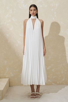 Summer Wedding A-line Pleated Dress, Chic High Neck Maxi Dress For Prom, Elegant Formal Pleated Halter Neck Dress, High Neck Gala Dress For Summer, High Neck Dresses For Summer Gala, High Neck Summer Gala Dress, Evening Pleated Halter Neck Dress, Elegant Sleeveless Pleated Prom Dress, Elegant Halter Neck Pleated Party Dress