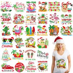 a woman wearing a santa hat standing in front of christmas stickers