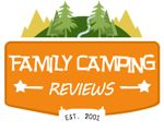 the family camping logo is orange and white with trees on it's bottom half