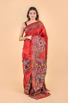 "Red multicolor thread Hand Embroidered reverse Kantha Stitch Saree with Blouse piece | Blended Bangalore Silk Saree | Kantha Hand Work / Party wear saree / kantha work Wedding wear saree, party wear saree, semi silk saree, hand embroidered saree, hand work saree. This is authentic hand embroidered Kantha Stitch Saree. The unique thread Kantha embroidery design is entirely handcrafted by our skilled artisans. The most significant aspect of hand embroidery is the running stitch pattern. The runni Festive Raw Silk Pre-draped Saree, Festive Pre-draped Chanderi Saree, Transitional Slub Silk Pre-draped Saree, Raw Silk Pre-draped Saree With Resham Embroidery, Traditional Slub Silk Pre-draped Saree For Celebration, Festive Embroidered Slub Silk Fabric, Traditional Drape Embroidered Slub Silk Fabric, Red Tussar Silk Pre-draped Saree With Motifs, Transitional Embroidered Slub Silk Pre-draped Saree