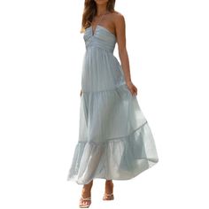 This absolutely breathtaking maxi dress is the perfect dress for all of your Spring & Summer events. Sleevless v-neck flow maxi-dress with neck ties and flowing layered dress. Ruched at the chest and empire waist line for a flattering and feminine silouhette. Fully lined. Versatile dress. Dress it up/dress it down. Wash cold, gentle cycle. Women's sizes: S-XL. Fabric has some stretch, runs true to size. Good things take time. Quicker shipping: This dress ships directly to you from our overseas w Backyard Features, A Line Maxi Dress, Long Beach Dress, Iconic Dresses, Beach Vacations, Boho Floral Dress, Halter Maxi, Tiered Midi Dress, Maxi Robes