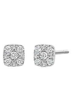 Ten twinkling white diamonds illuminate these stunning square stud earrings handcrafted in 18-karat white gold. 1/8"W x 1/8"L Total diamond weight: 0.1ct. Color: G Clarity: VS 18k gold/diamond Imported >Diamond Guide Formal White Gold Diamond Earrings With Single Cut Diamonds, Formal White Gold Diamond Earrings With Single Cut, Formal White Gold Cluster Earrings With Diamond Accents, Evening White Gold Diamond Earrings With Accents, Cushion Cut Diamond Luxury Earrings, White Gold Diamond-shaped Earrings With Diamond Accents, Elegant Diamond-shaped Diamond Earrings, Diamond Cushion Cut Halo Earrings, Evening White Gold Diamond Earrings With Halo Design