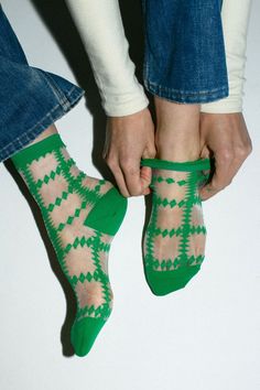 Part of the Made in Japan series, these sweet green squares socks have a super high needle count and a hand-closed toe for extra comfort. Fabric is nylon. Sock Crochet, Strawberry Socks, Ball Looks, Sneaker Ball, Sheer Socks, Crochet Squares, Crochet Accessories, Crew Socks, Made In Japan