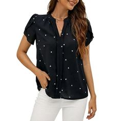 Introducing our stylish summer short-sleeved top and V-neck T-shirt for women. The body is adorned with delicate love petals, while the sleeves feature charming petal sleeves. Made from high-quality materials, it offers both comfort and elegance. Perfect for any occasion, this versatile top is a must-have addition to your summer wardrobe. Embrace the beauty of the season with our enchanting design Size: XL.  Color: Black.  Gender: female.  Age Group: adult. Casual Non-stretch Short Sleeve Shirt, Non-stretch Short Sleeve Summer Shirt, Casual Black Blouse, Non-stretch Black Short Sleeve Top, Black Casual Short Sleeve Top For Spring, Black V-neck Short Sleeve Top, Black Short Sleeve Tops For Summer, Black Short Sleeve Tops For Spring, Trendy Black Short Sleeve Blouse