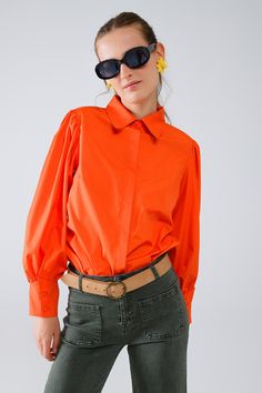 Q2 Basic poplin orange shirt with balloon long sleeves Blouse With Collar, Swimsuit Wrap, Orange Shirt, Basic Long Sleeve, Denim Jacket Men, Mens Sportswear, Collar Blouse, Poplin Shirt, Polo Collar