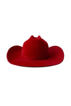 This updated version of our Vision cowboy style features a self-fabric band with a scalloped edge, sealed with a round silver stud. Still made with a center crease, and a flanged brim. Each hat is carefully crafted by hand in our Stockholm studio. Red Western Fedora For Kentucky Derby, Red Western Fedora With Short Brim, Western Style Red Fedora With Short Brim, Red Fitted Felt Hat For Kentucky Derby, Red Western Hat For Kentucky Derby, Fitted Red Felt Hat For Kentucky Derby, Red Hats For Rodeo And Kentucky Derby, Western Red Felt Hat For Winter, Western Style Red Felt Hat For Winter