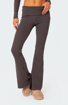 Build your sporty looks from the bottom up in these stretchy ribbed pants finished with flared legs to switch your comfy style up a bit. Elastic waist 95% cotton, 5% spandex Machine wash, dry flat Imported Fall Ribbed Gray Bottoms, Casual Flare Leggings, Flare Yoga Pants For Fall, Casual Mid-rise Gray Yoga Pants, Brown High Stretch Casual Bottoms, Casual High Stretch Brown Bottoms, Casual Gray Flare Bottoms, Casual High Stretch Ribbed Yoga Pants, Casual High-stretch Brown Yoga Pants