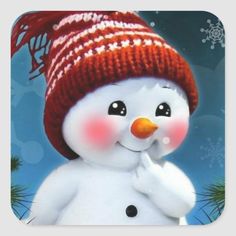 a snowman is wearing a red hat and holding his hand to his nose while looking at the camera