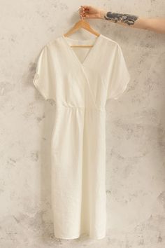 Linen Wrap Dress / Women's Linen Dress / Plus Size Linen - Etsy White Wrap Dress For Spring, White Linen V-neck Midi Dress, Cream Linen Midi Dress For Daywear, Cream Linen Short Sleeve Dress, Fitted Cream Linen Dress, Cream Linen Dress With Short Sleeves, White Wrap Dress For Daywear, White Wrap Day Dress, White Linen V-neck Dress For Daywear