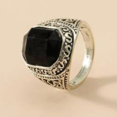 Black Gemstone Silver Statement Ring Zinc Alloy Diameter .7" Nwt, New With Tags Smoke Free Home Offers Welcome Ships Same/Next Day Silver And Black Rings, Decreed By Fate, Rings Grunge, Aphrodite Goddess Of Love, Thick Band Ring, Gemstone Decor, Goddess Of Love And Beauty, Aphrodite Goddess, Dream Engagement Ring