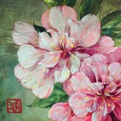 an oil painting of pink flowers with green leaves and red lettering on the bottom right corner