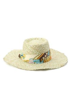 This eye-catching straw hat is charmed with a vibrant floral-printed satin band for a style that will complement both pool or beach looks. Paper straw/textile Spot clean Imported Beachwear Straw Hat For Vacation Travel, Bohemian Cream Panama Hat For Beach, Cream Bohemian Panama Hat For The Beach, Beachwear Straw Hat For Travel And Vacation, Cream Toquilla Straw Hat For Vacation, Cream Bohemian Panama Hat For Beach, Woven Toquilla Straw Hat Bands For Summer, Bohemian Cream Straw Hat For Vacation, Bohemian Cream Sun Hat For Vacation