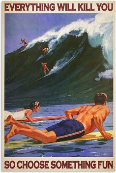 a man laying on top of a surfboard next to another man riding a wave