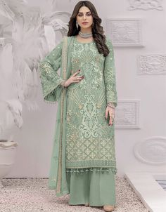 Introducing the Pista Faux Georgette Palazzo Straight from Arabic Attire! 💚✨ This stunning ensemble is designed to elevate your style with its elegant design and refreshing color. #PistaPalazzoStraight #FauxGeorgette #ArabicAttire #ElegantChic #VersatileStyle #FashionForward #EffortlessGlam #StandoutLook Luxury Pista Green Salwar Kameez For Diwali, Luxury Pista Green Salwar Kameez For Wedding, Luxury Pista Green Gown For Eid, Luxury Bollywood Lawn Suit In Pista Green, Luxury Elegant Pista Green Unstitched Suit, Luxury Pista Green Dress With Printed Motifs, Luxury Pista Green Lawn Suit For Women, Luxury Pista Green Lawn Suit With Dupatta, Georgette Palazzo