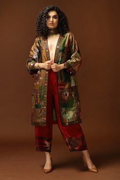 Gold, multicolor patchwork long jacket with tie and dye print and embroidered border.
Component: 1
Pattern: Print and Embroidery
Type Of Work: Tie and Dye, Sequin, Thread and Bead
Sleeve Type: Full
Fabric: Habutai Silk; Lining: Cotton Shantoon
Color: Gold,Multi Color
Other Details: 
Open front jacket
Note: Pant and choker worn by the model is not for sale
Note: This jacket can be worn by men and women
Occasion: Resort - Aza Fashions Long Jacket For Women, Long Jacket Women, Long Jackets For Women, Gold Jacket, Silk Kaftan, Women Jackets, Silk Tunic, Indian Fashion Designers, Silk Jacket