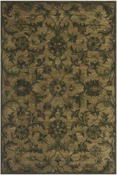 an area rug with leaves and flowers on the side, in dark olive green tones