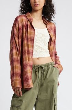 Perfect your '90s grunge aesthetic with an oversized, layer-ready button-up shirt made from lightweight plaid flannel. Front button closure Spread collar Long sleeves with button cuffs 55% cotton, 45% rayon Machine wash, tumble dry Imported Not available for sale and shipment to Germany Oversized Flannel Tops For Fall, Plaid Relaxed Fit Shirt For Fall, Relaxed Fit Plaid Shirt For Fall, Plaid Tops With Button Closure And Relaxed Fit, Plaid Top With Button Closure And Relaxed Fit, Trendy Relaxed Fit Flannel Shirt For Fall, Plaid Relaxed Fit Flannel Shirt For Fall, Oversized Plaid Casual Top, Summer Casual Flannel Shirt With Button Closure