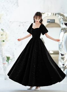 Black Velvet Short Sleeves A-line Lace-up Party Dress, Black Long Wedd – BeautyDressy Gown With Puff Sleeves, Simple Evening Dress, Black Velvet Shorts, Party Dress Black, Formal Prom Dresses Long, Beaded Party Dress, Black Evening Gown, Velvet Shorts, Full Length Skirts