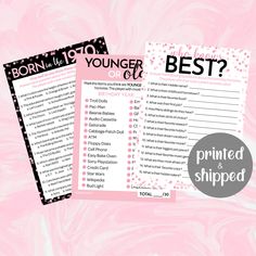 two pink and black printable baby shower games with the words best written on them