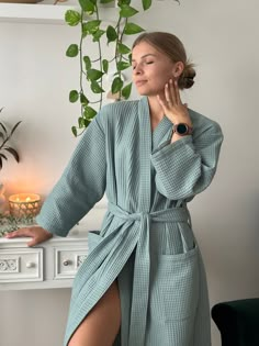 "Waffle HandMade Kimono style Bathrobe Wrap yourself into the most comfortable robe ever. Breathable, high-quality, cosy, and sustainable. Perfect as a gift for any occasion. Made from 100% pure organic Netherlandish cotton. Oeko-Tex Standard 100 Certified ® Enjoy the spa feeling at home! * Soft and comfortable * Absorbent and quick drying * Lightweight and breathable * Durable * Hypoallergenic * 100% cotton waffle  * Easy garment care SIZING Bathrobes are designed for a loose fit: S/M:  - total length (center back length) - 115 cm/45\"; - bust - 60 cm/23.6\"; L/XL:  - total length (center back length) - 115 cm/45\"; - bust - 66 cm/26\"; Models wearing size S/M Girl height 5'61 /168cm C O L O R S: Green We have a wide selection of colors: https://www.etsy.com/shop/KajStore?ref=seller-platf Fancy Robes, Cute Lounge Outfits, Feeling At Home, Mode Kimono, Sage Green Color, Kimono Style, The Spa, Womens Robes, Kimono Fashion