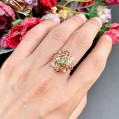 Featuring a dainty floral ring made in 22ct gold amd embellished with rubies, emeralds and pearls. The ring weighs 3.4 GMs Price Breakup Summary Component Rupees % of Total 22k Gold 16,368 72.7% Stones & Beads 1,584 7.0% Making Charges 2,946 13.1% Taxes (GST) 627 3.0% Total 22,525 100.0% View Detailed Price Breakup Watch Video Here Yellow Gold Gemstone Ring In Temple Jewelry Style, Yellow Gold Gemstone Temple Ring, Yellow Gold Gemstone Temple Jewelry Ring, Yellow Gold Temple Jewelry Ring With Gemstone, Elegant Yellow Gold Meenakari Rings, Traditional Ruby Ring In Yellow Gold, Traditional Yellow Gold Ruby Ring With Gemstone, 22k Gold Temple Jewelry Ring, Traditional Yellow Gold Ruby Ring