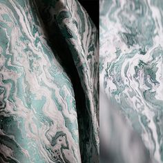 two pictures of green and white marbled fabric