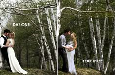 two pictures of a bride and groom kissing in the woods