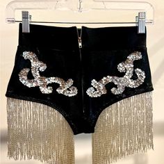 I Bought These A While Back For A Photo Shoot, They’re Beautiful! But I Can No Longer Fit Them, As I’ve Gained A Little Weight. The Measurements Are Waist: 24 Center Crotch: 6 1/2 Hips: 27 Embellished Black Bottoms For Night Out, Black Embellished Bottoms For Party Season, Chic Party Bottoms With Rhinestone Fringe, Silver Sequined Bottoms For Night Out, Glamorous Black Embellished Bottoms, Glamorous Embellished Black Bottoms, Silver Embellished Bottoms For Party, Embellished Silver Bottoms For Party, High Waist Sequin Bottoms For Club