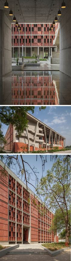 three different views of the inside and outside of a building with red bricks on it